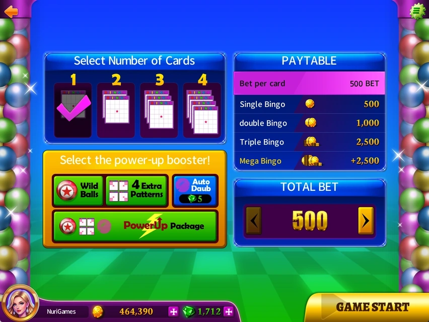 Bingo setup · Cards, power-ups and TOTAL BET