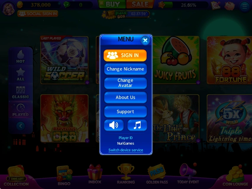 MENU · Account and sound