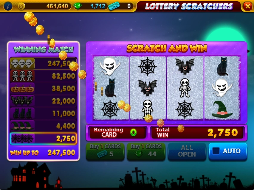 LOTTERY SCRATCHERS · Cards and results